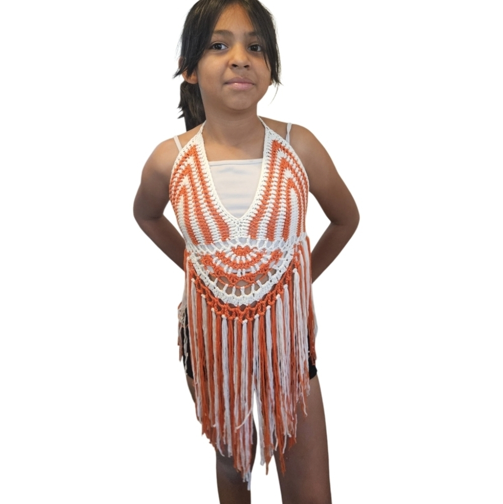 Hand Crafted Crochet Orange White Crop Top Fringe Summer - Picture 16 of 17